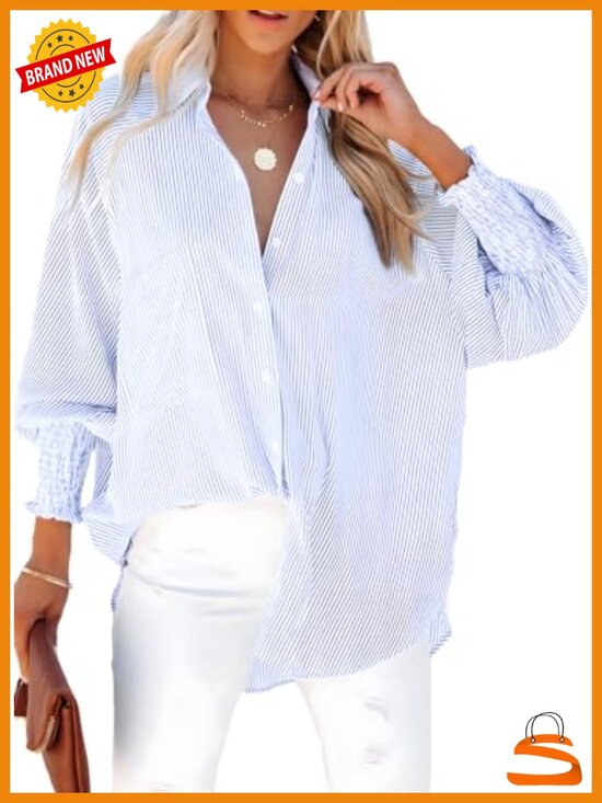 Tops - V Neck Striped Button Down Long Sleeve Tunic Top Blouse